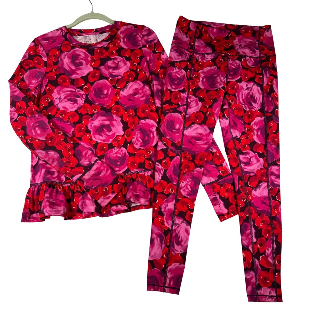Kate Spade Activewear Set Women M S Pink Red Floral Peplum Leggings 2NMUU1003